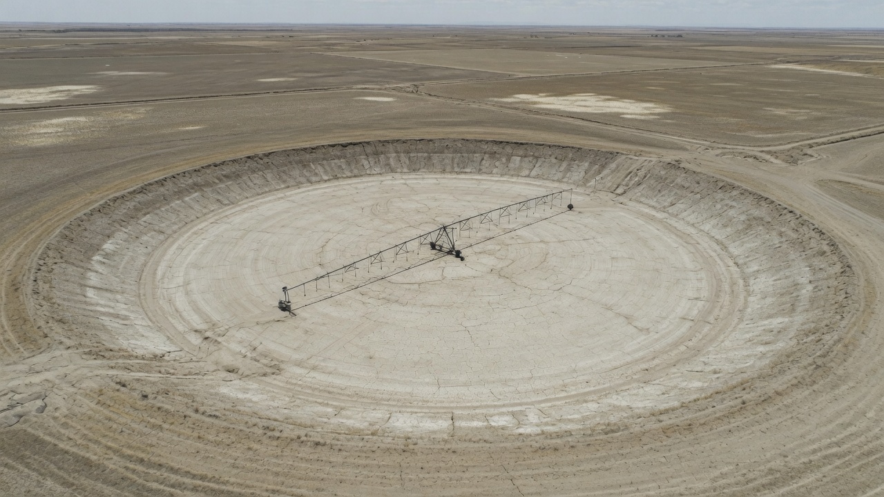 Aerial view of dry irrigated land and a circular pivot over pale earth