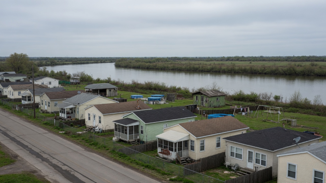 Ordinary houses on a low river floodplain with water in the distance