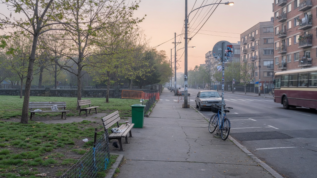 A quiet city park and ordinary street in soft morning light