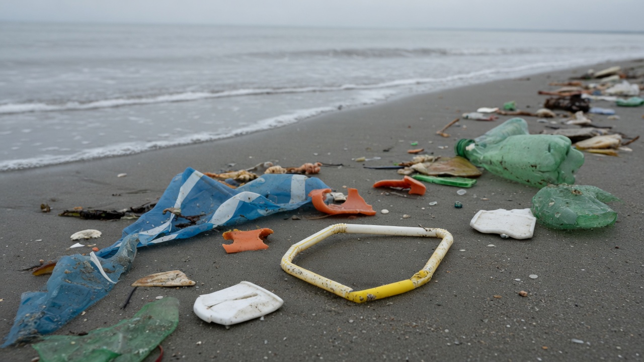Weathered plastic fragments on a wet tide line